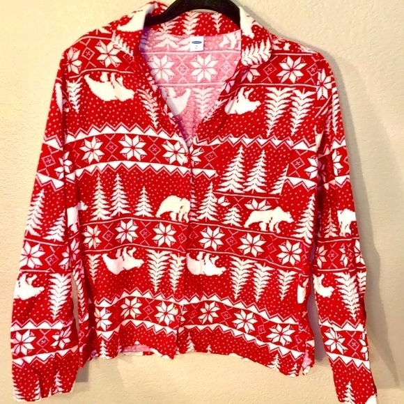 Old Navy Pajama Top Medium Red White Winter Design 100% Cotton Fleece Cozy - Picture 1 of 6